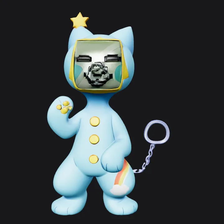 Cartoon character with a monitor head and star. smooth edges, complex geometry, game-ready, character.