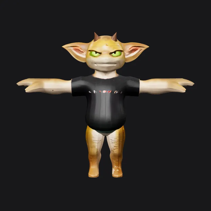 Cartoon alien wearing a Friends T-shirt. smooth edges, complex geometry, game-ready, character, symmetric geometry.