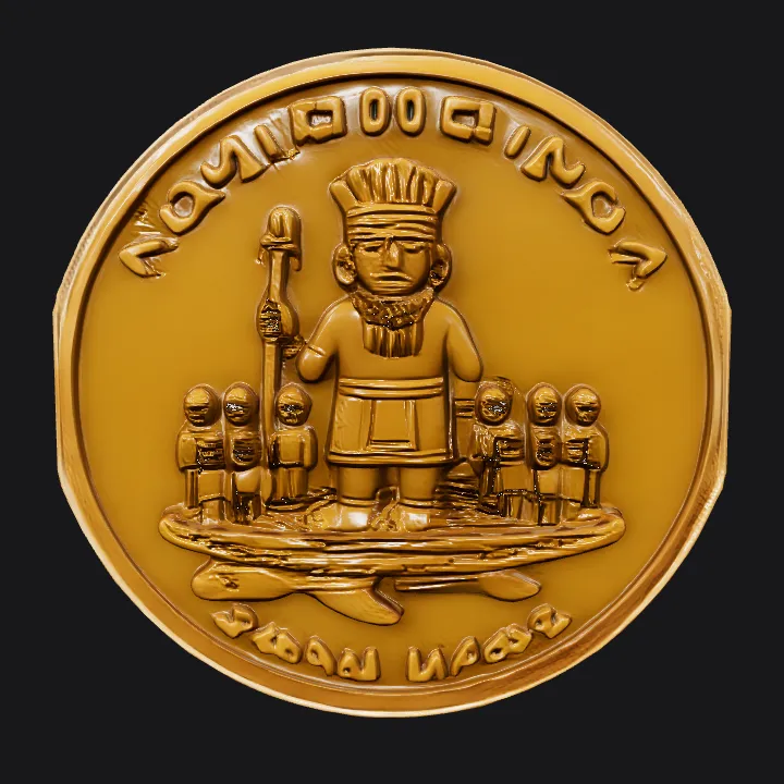 Commemorative bronze coin with figures and text. smooth edges, complex geometry, character.