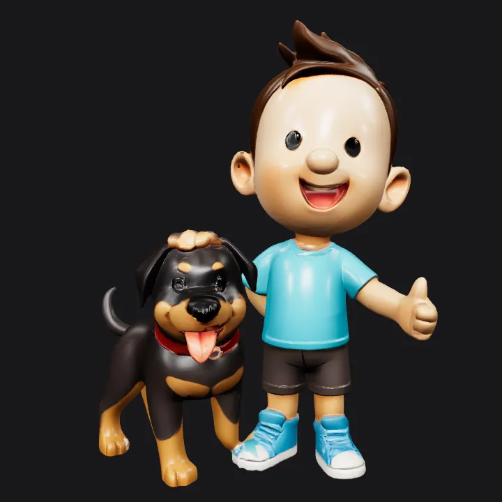 Boy and dog standing together. smooth edges, simple geometry, game-ready, character.