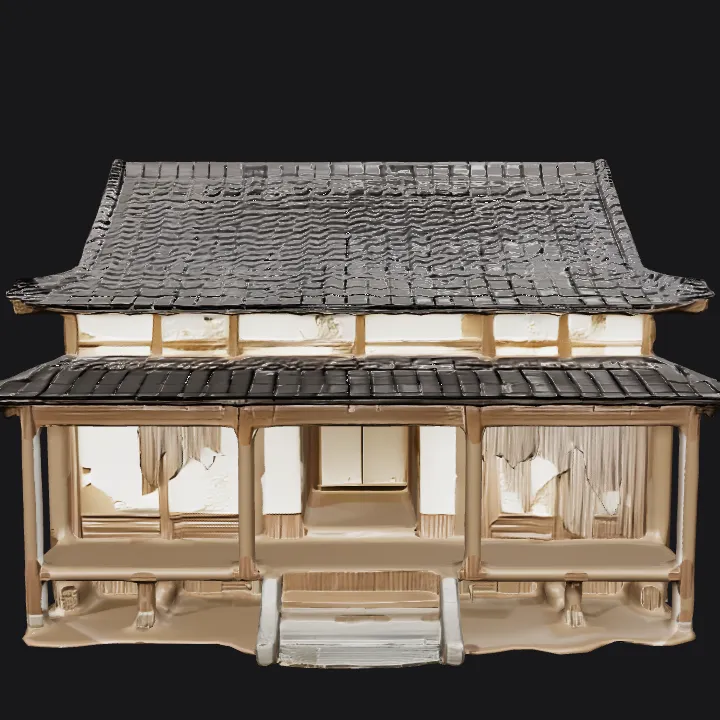 Traditional Japanese old house exterior. complex geometry, game-ready, symmetric geometry.