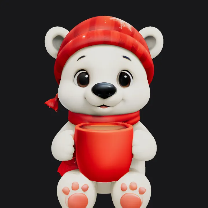 Cartoon bear holding a red mug. smooth edges, simple geometry, character, symmetric geometry.