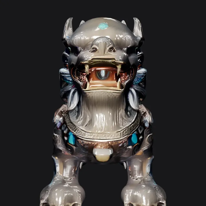 Jewelled Chinese guardian lion statue. sharp edges, complex geometry, game-ready.