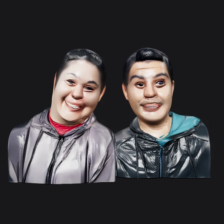 Two people in casual jackets. smooth edges, complex geometry, character.