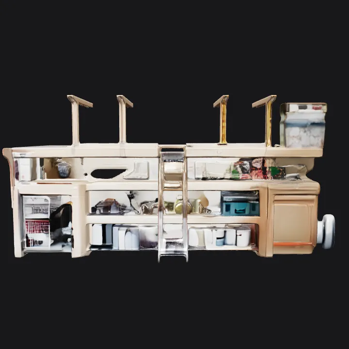 A garage workbench with tools and equipment. sharp edges, complex geometry.