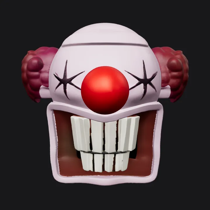 cartoonish clown head with exaggerated features. smooth edges, simple geometry, game-ready, character, symmetric geometry.