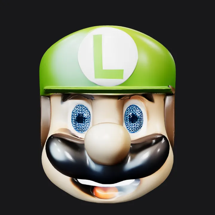 Luigi cartoon character head toy. smooth edges, simple geometry, character, symmetric geometry.