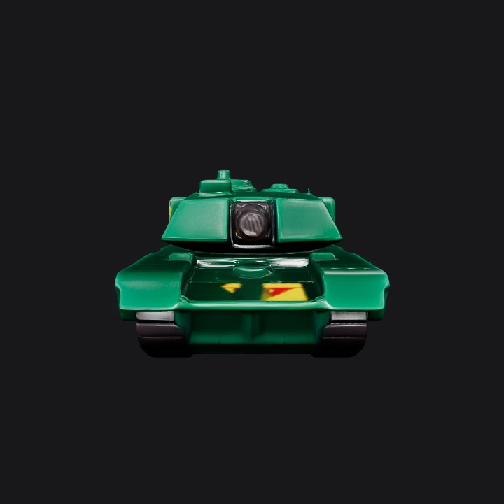 Toy military tank with green color. sharp edges, simple geometry, game-ready, symmetric geometry.