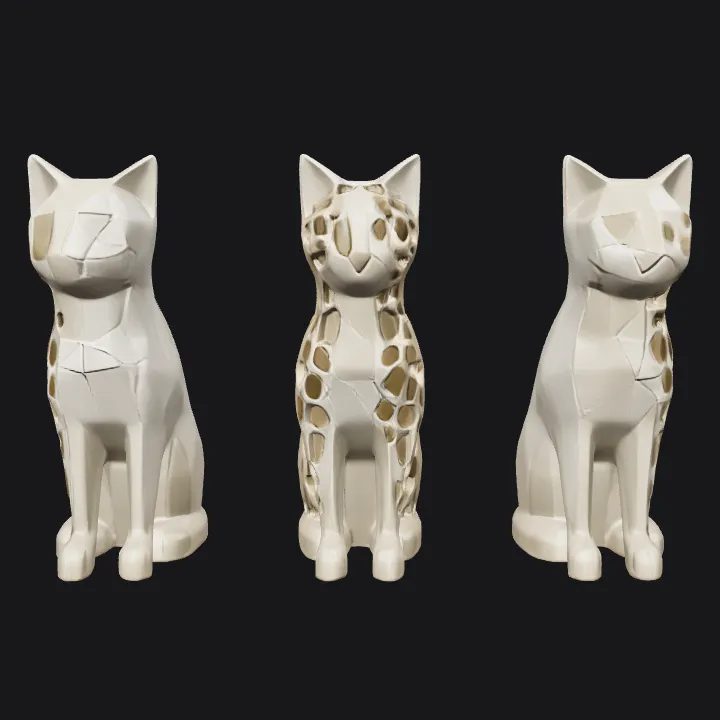 Geometric cat sculptures. sharp edges, simple geometry, character, symmetric geometry.
