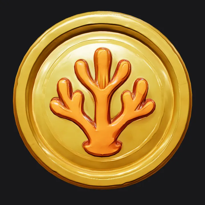 Golden coin with coral emblem. sharp edges, smooth edges, simple geometry, game-ready.