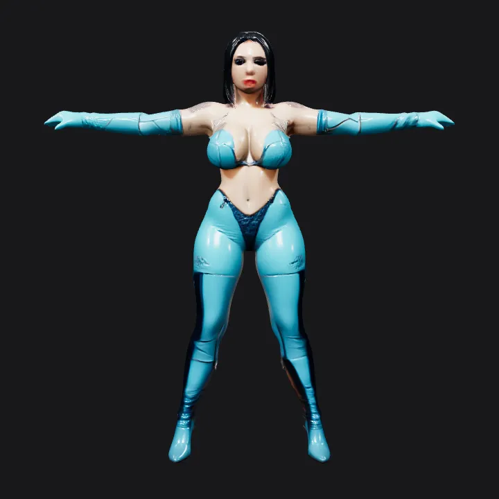Woman in blue bodysuit with arms outstretched. smooth edges, complex geometry, character, symmetric geometry.