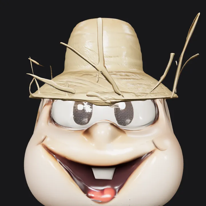 Cartoon face wearing straw hat. smooth edges, simple geometry, character, symmetric geometry.