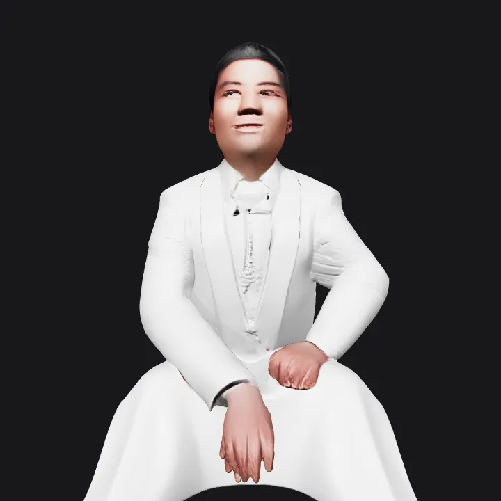 man in a white formal suit sitting. smooth edges, complex geometry, character.