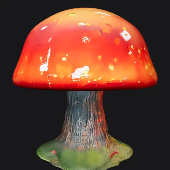 Giant red mushroom in mystical forest. smooth edges, simple geometry, symmetric geometry.