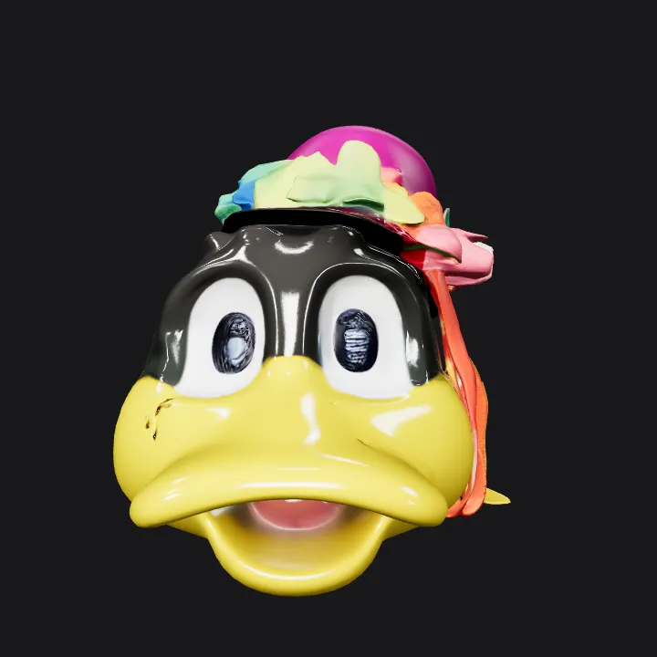cartoonish yellow bird wearing a colorful hat. smooth edges, complex geometry, character.