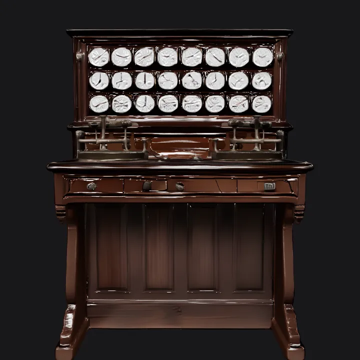 Old scientific instrument with multiple dials. sharp edges, complex geometry, symmetric geometry.