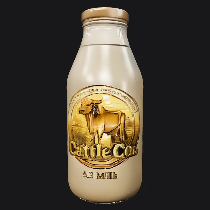 A glass bottle of milk on a wooden table. simple geometry, symmetric geometry.