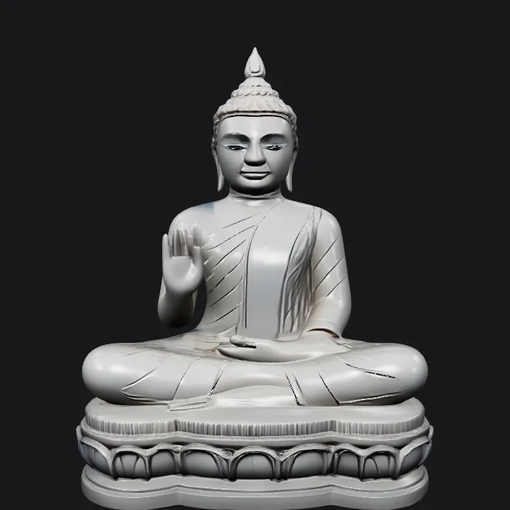 Seated Buddha statue with detailed robe. smooth edges, complex geometry, character, symmetric geometry.