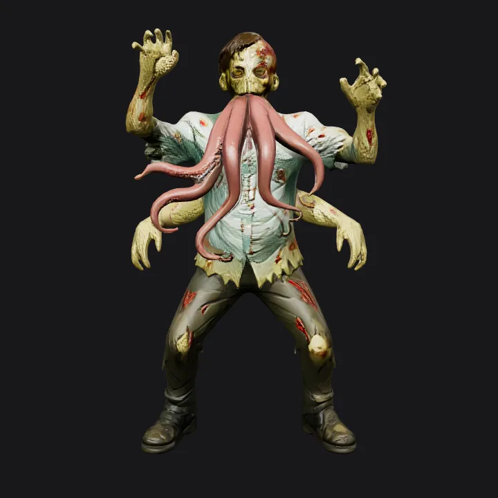 Tentacle-mouthed zombie character. complex geometry, character.