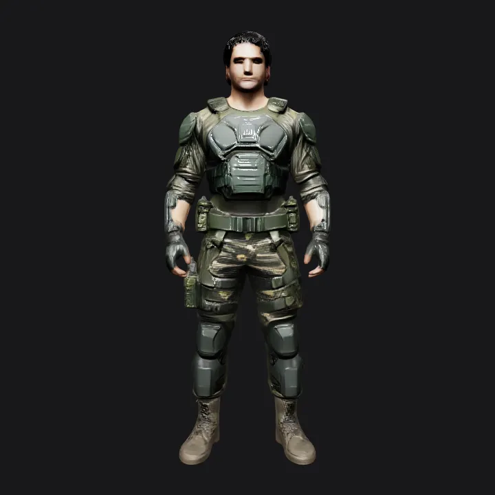 Person wearing tactical combat armor. sharp edges, complex geometry, game-ready, character, symmetric geometry.