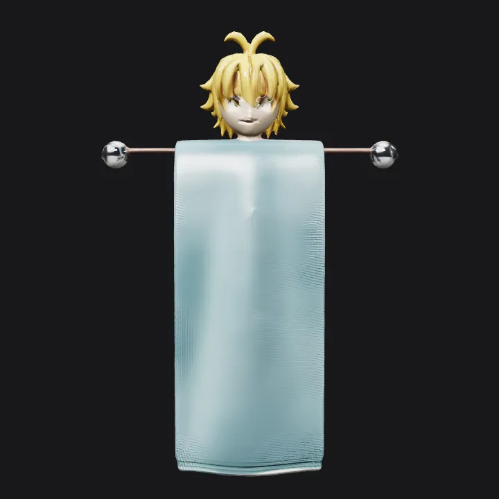 anime figure with towel on towel rack. smooth edges, simple geometry, character, symmetric geometry.