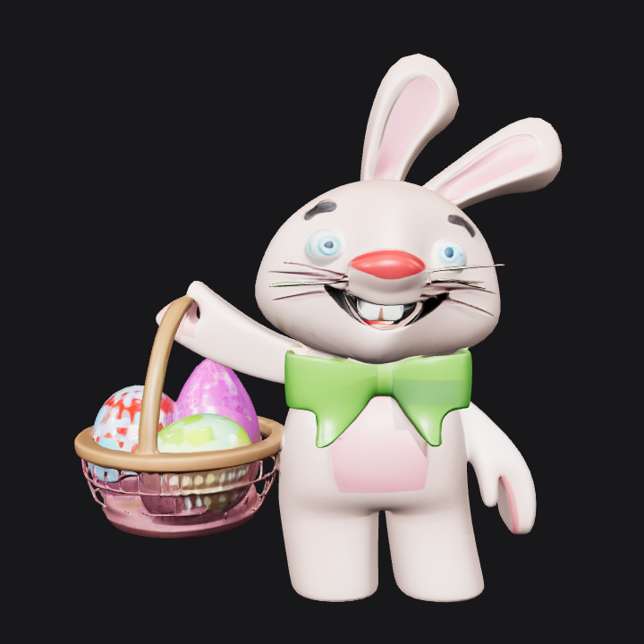 Cartoon bunny with basket of Easter eggs. smooth edges, simple geometry, character.