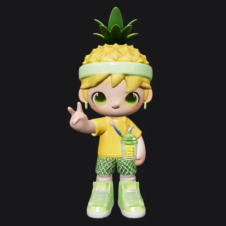 Cute child in pineapple-themed outfit. smooth edges, complex geometry, game-ready, character, symmetric geometry.