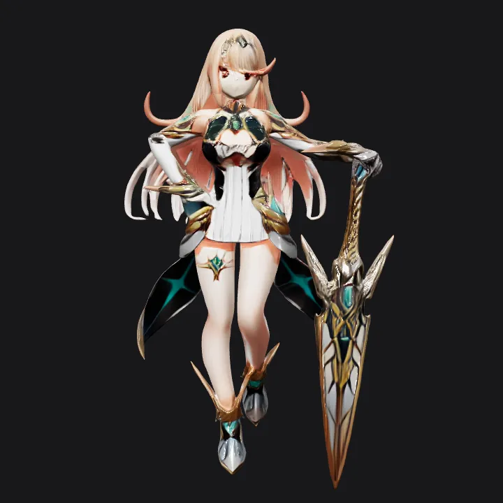 Armored female warrior with long blonde hair. sharp edges, complex geometry, game-ready, character.
