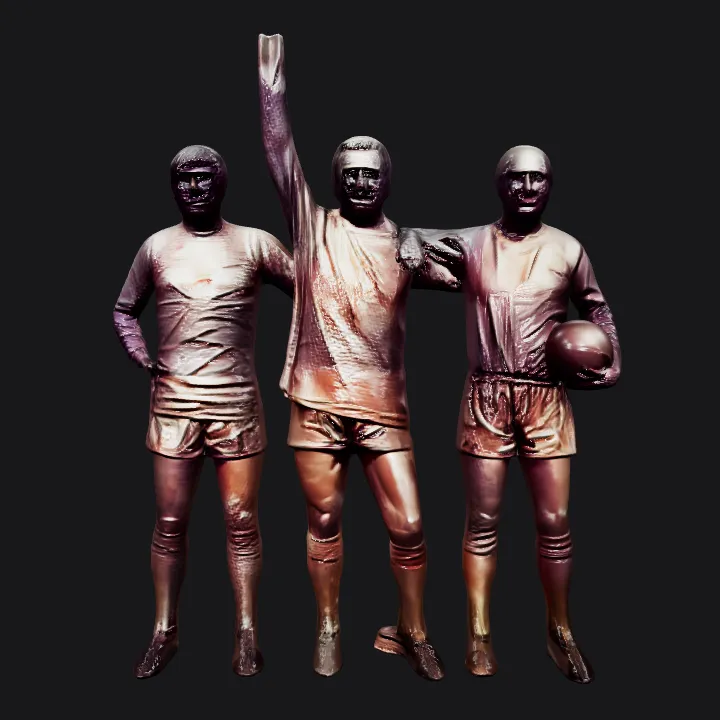 Bronze statues of three football players. smooth edges, complex geometry, character.