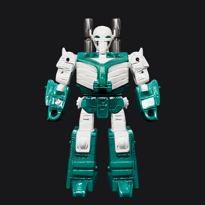 Green and white robot action figure. sharp edges, complex geometry, game-ready, character, symmetric geometry.