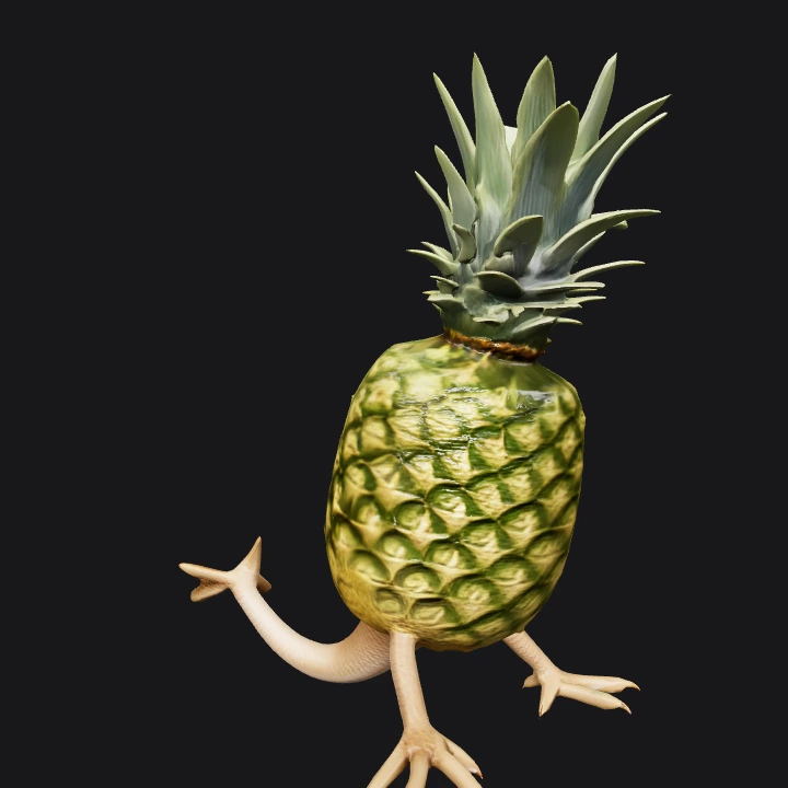 A running pineapple with bird legs. complex geometry, sharp edges, character.