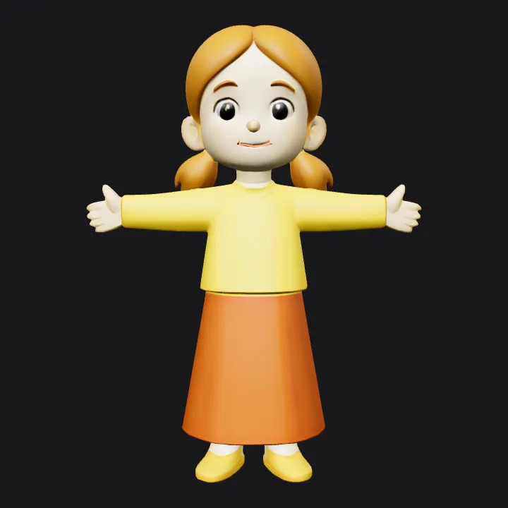 Girl with brown hair and skirt. smooth edges, simple geometry, character, symmetric geometry.