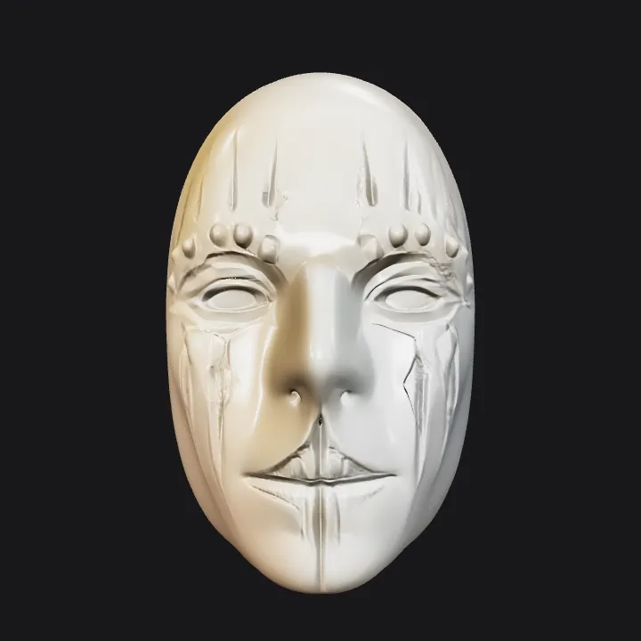 white decorative human face mask sculpture. smooth edges, complex geometry, character, symmetric geometry.