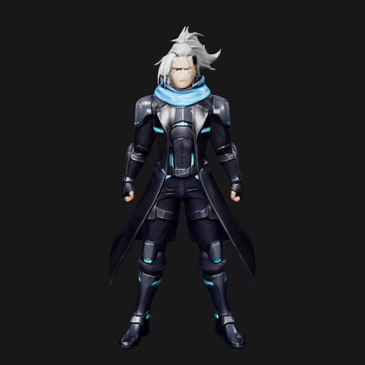 Futuristic armored person with long white hair. sharp edges, complex geometry, game-ready, character.