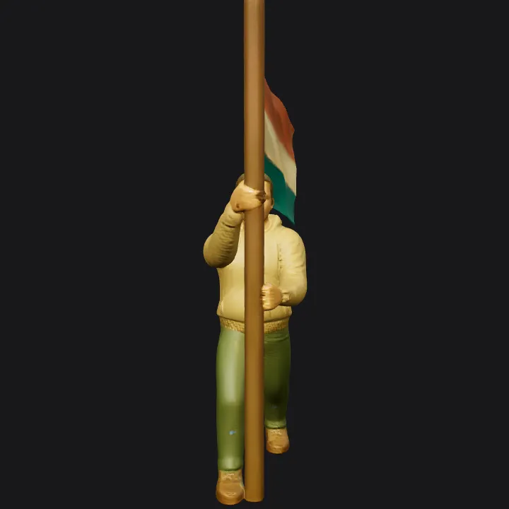 person holding a flagpole with a tricolor flag. complex geometry, smooth edges, character.