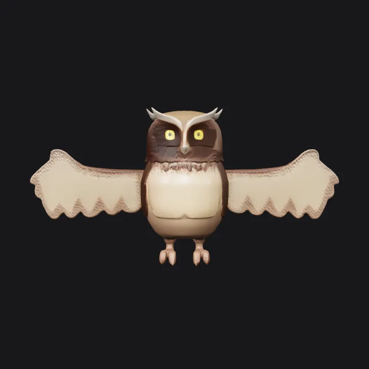 Cartoon owl with yellow eyes. smooth edges, simple geometry, game-ready, character, symmetric geometry.