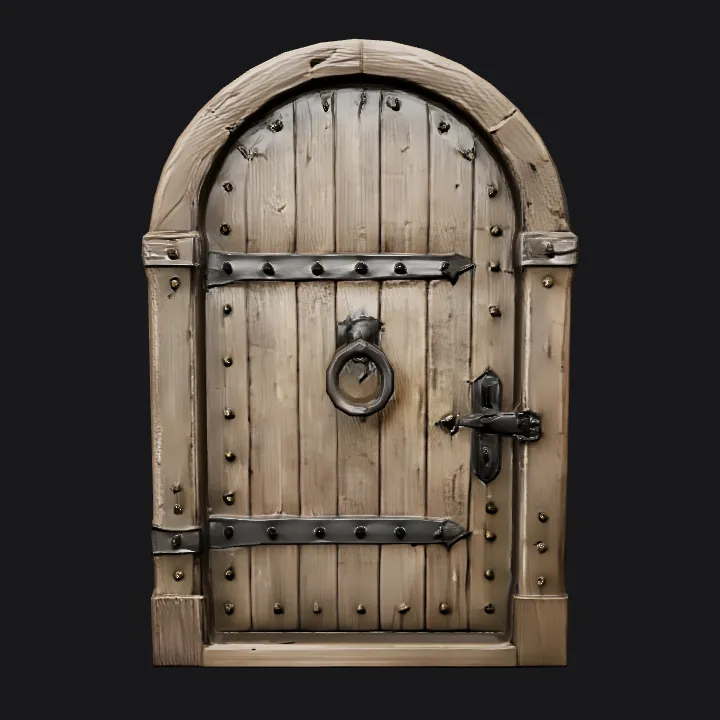 Medieval wooden door with metal accents. sharp edges, simple geometry, game-ready, symmetric geometry.