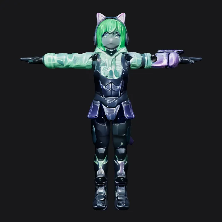 Armored humanoid with cat ear helmet. sharp edges, complex geometry, game-ready, character, symmetric geometry.