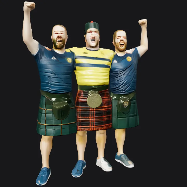 Three men wearing kilts, arms raised. complex geometry, smooth edges, character.