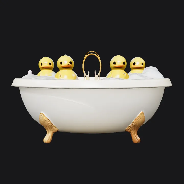 Bathtub with rubber ducks in colorful bathroom. smooth edges, simple geometry, game-ready, symmetric geometry.