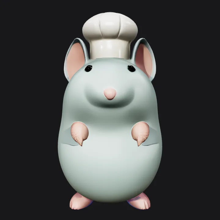 cartoon mouse wearing a chef hat. smooth edges, simple geometry, game-ready, character, symmetric geometry.