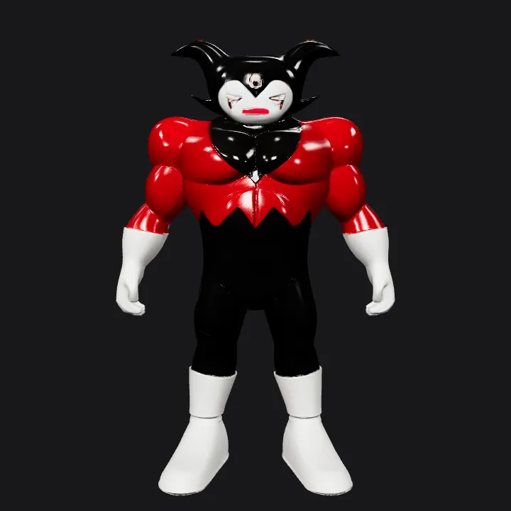 Cartoonish villain character with black outfit. simple geometry, game-ready, character, symmetric geometry.