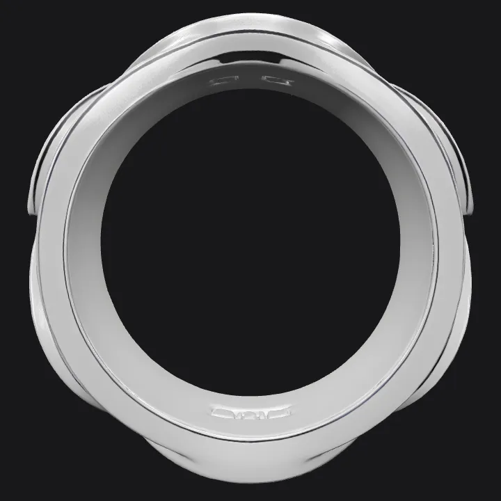 Silver twisted circular ring. smooth edges, complex geometry, symmetric geometry.