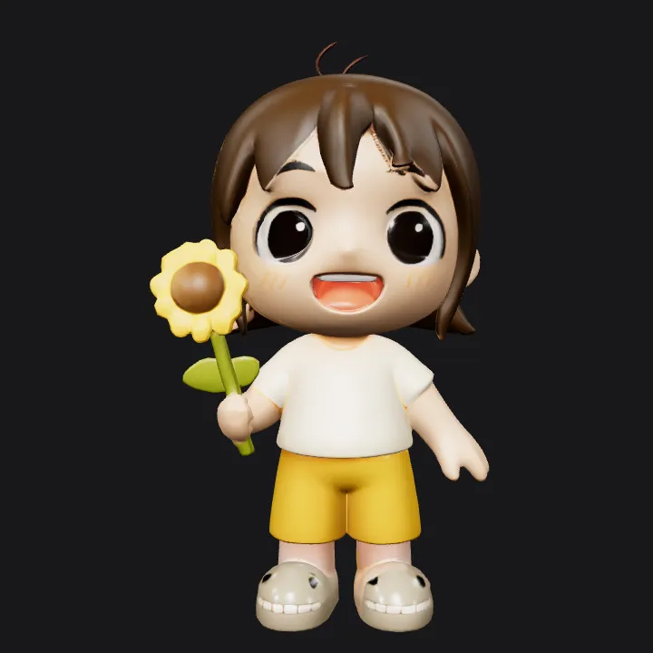 Cartoon child holding sunflower. smooth edges, simple geometry, character.