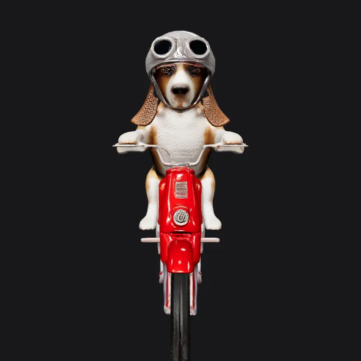 Beagle dog riding a red motorcycle. sharp edges, complex geometry, game-ready, character.