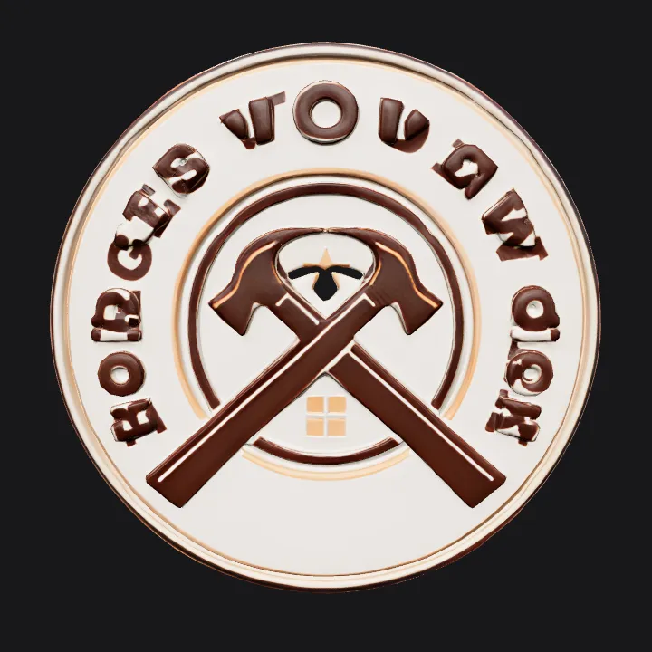 A logo with crossed hammers and text. sharp edges, simple geometry, symmetric geometry.