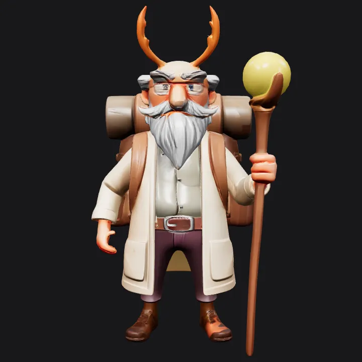 cartoon wizard with antlers and staff. smooth edges, complex geometry, game-ready, character.