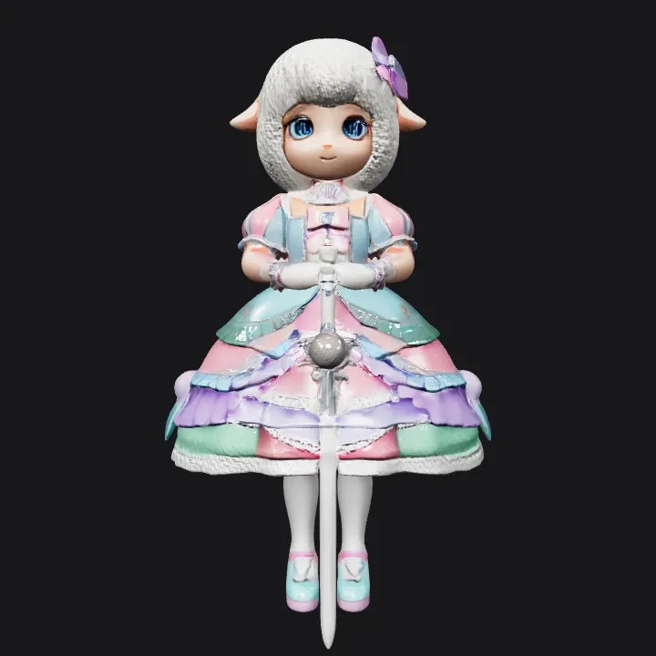 Lamb-themed girl in pastel dress. complex geometry, smooth edges, game-ready, character, symmetric geometry.
