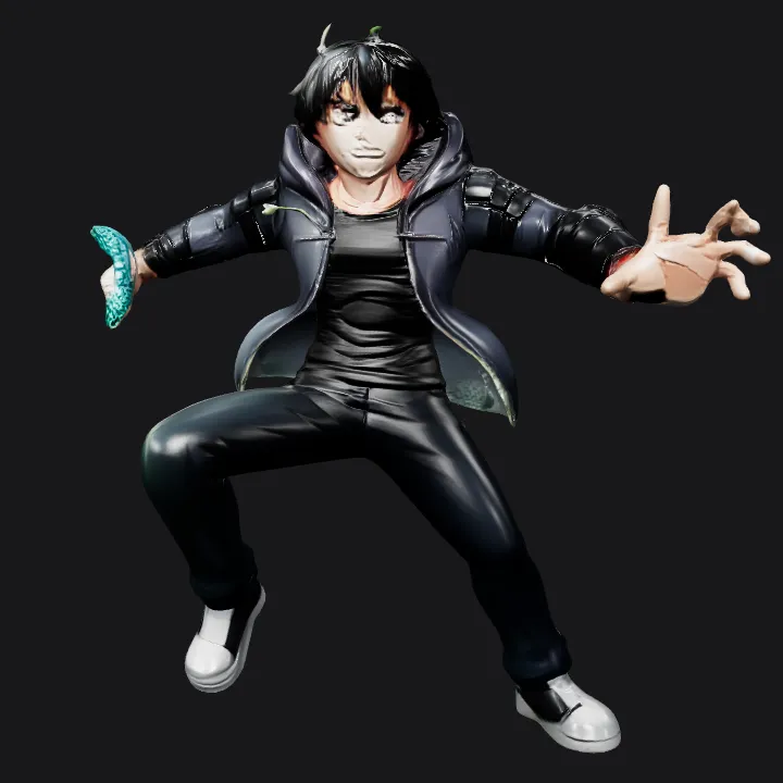 Anime-style person holding glowing sword. sharp edges, complex geometry, character.