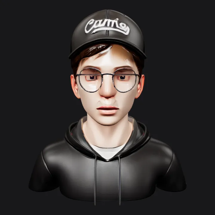 young man in black hoodie and cap. smooth edges, complex geometry, character.